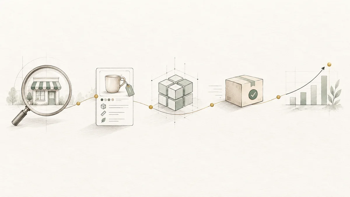 Five gently rising milestones showing research, product facts, reliable data, order fulfillment, and measured improvement