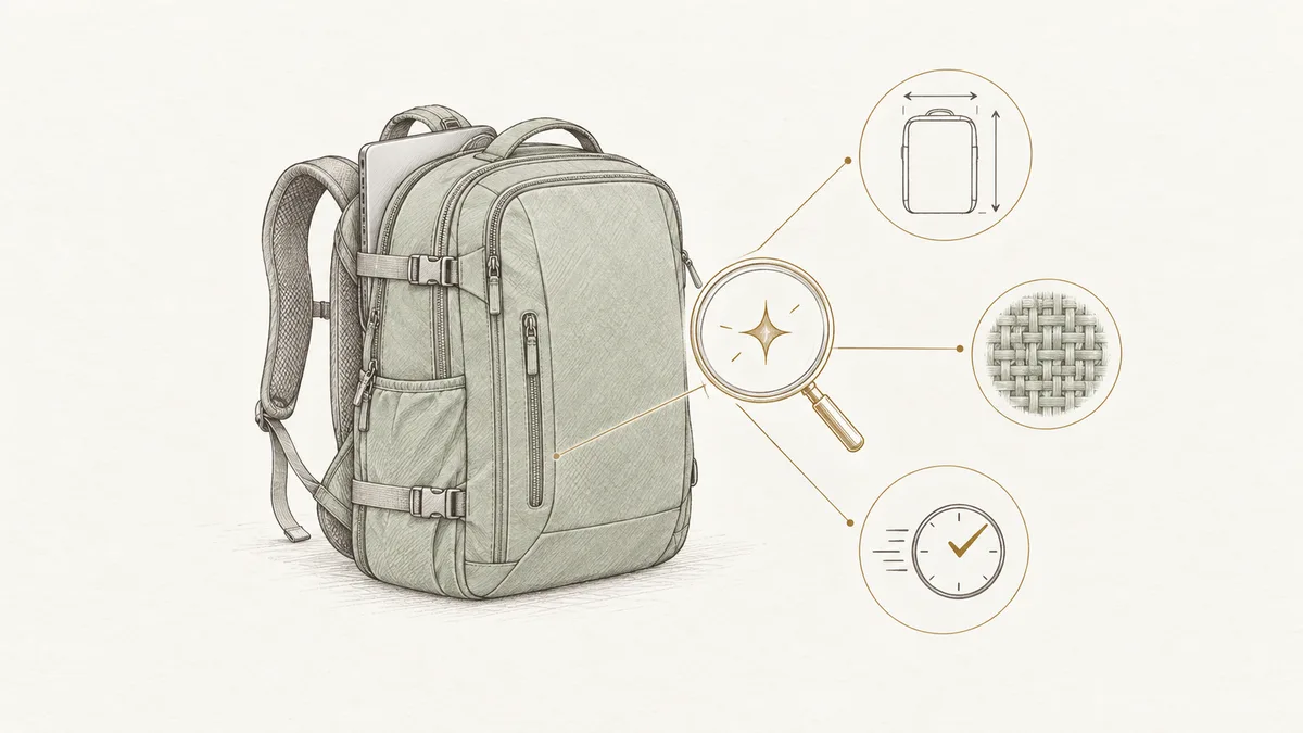 A sage travel backpack examined by an AI magnifying glass alongside product specification, material, and delivery markers