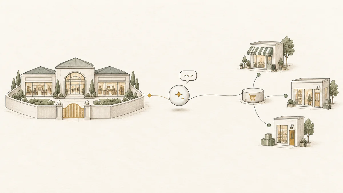 An AI shopping symbol between an enclosed marketplace and a connected network of independent storefronts
