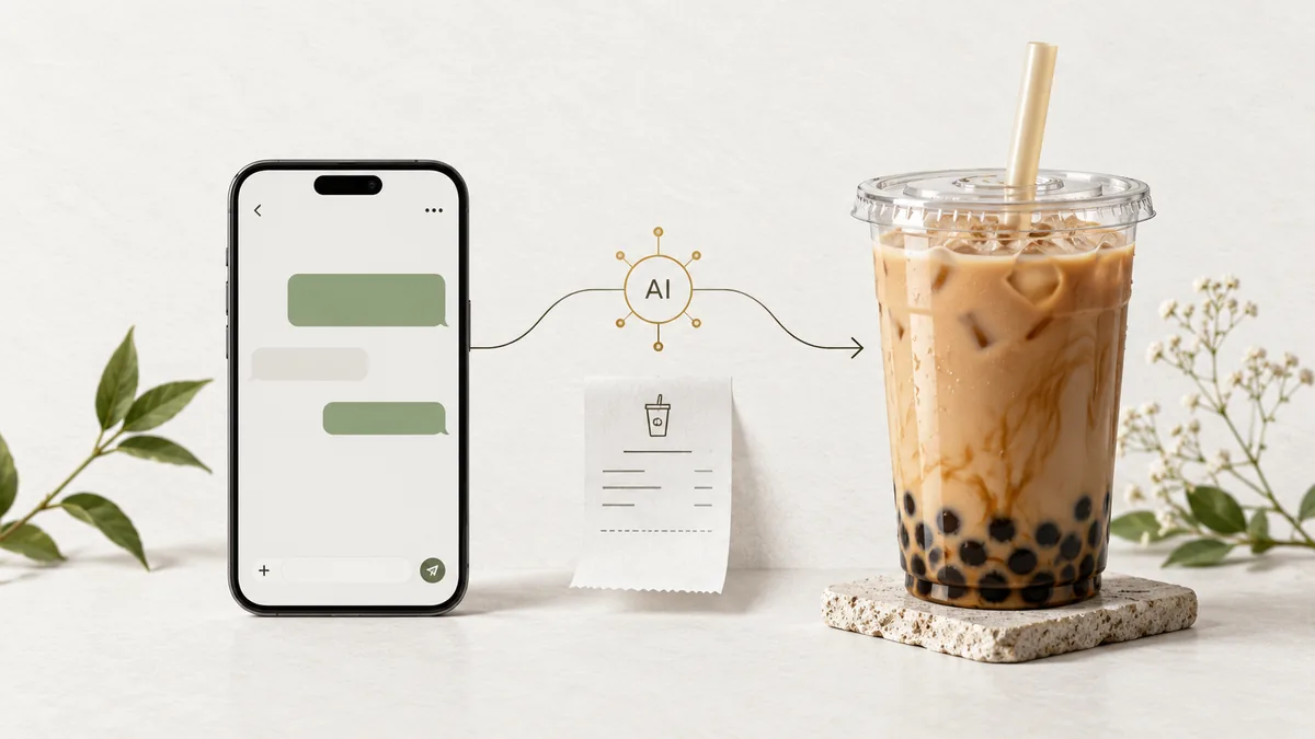 A WhatsApp request connected through an AI agent to a cup of milk tea and a store order receipt