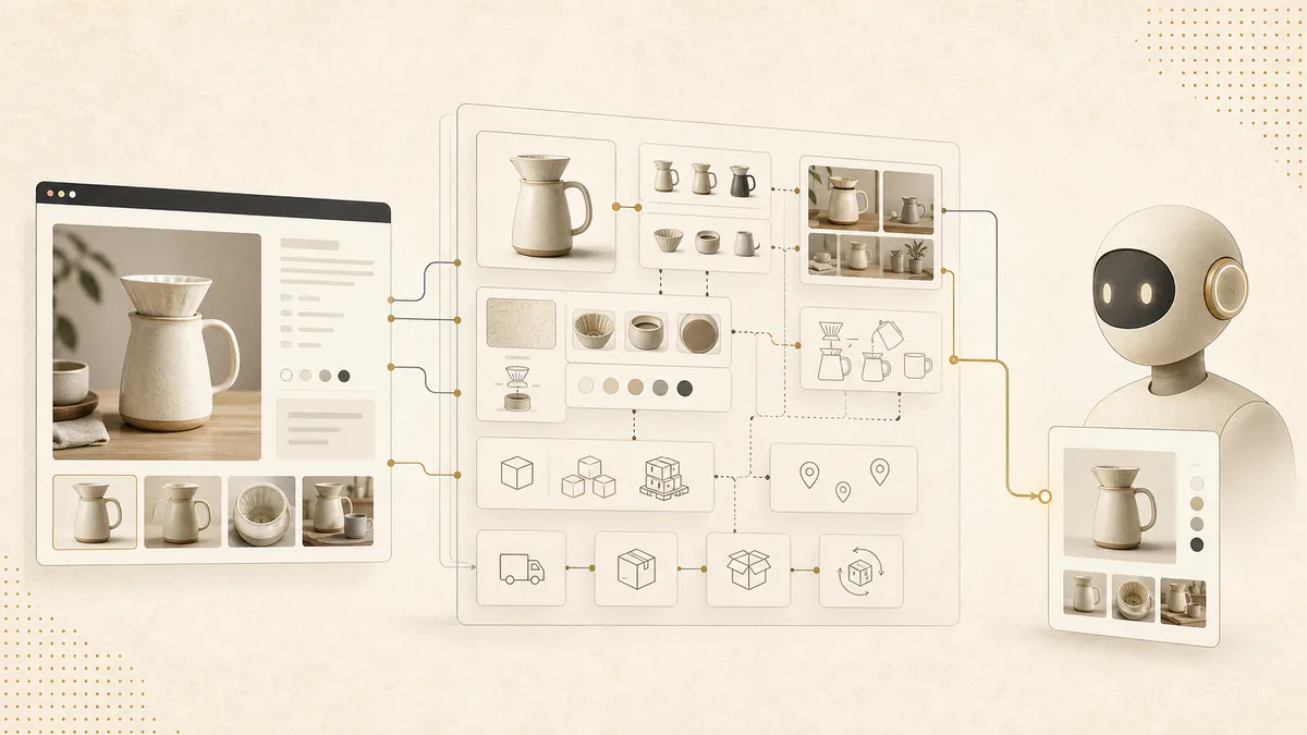 A merchant product page connected through a structured discovery layer to an AI assistant
