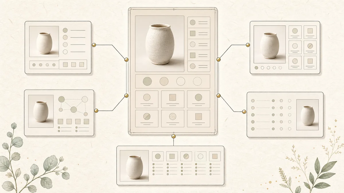 A single structured product feed branching out to different AI crawlers and assistants