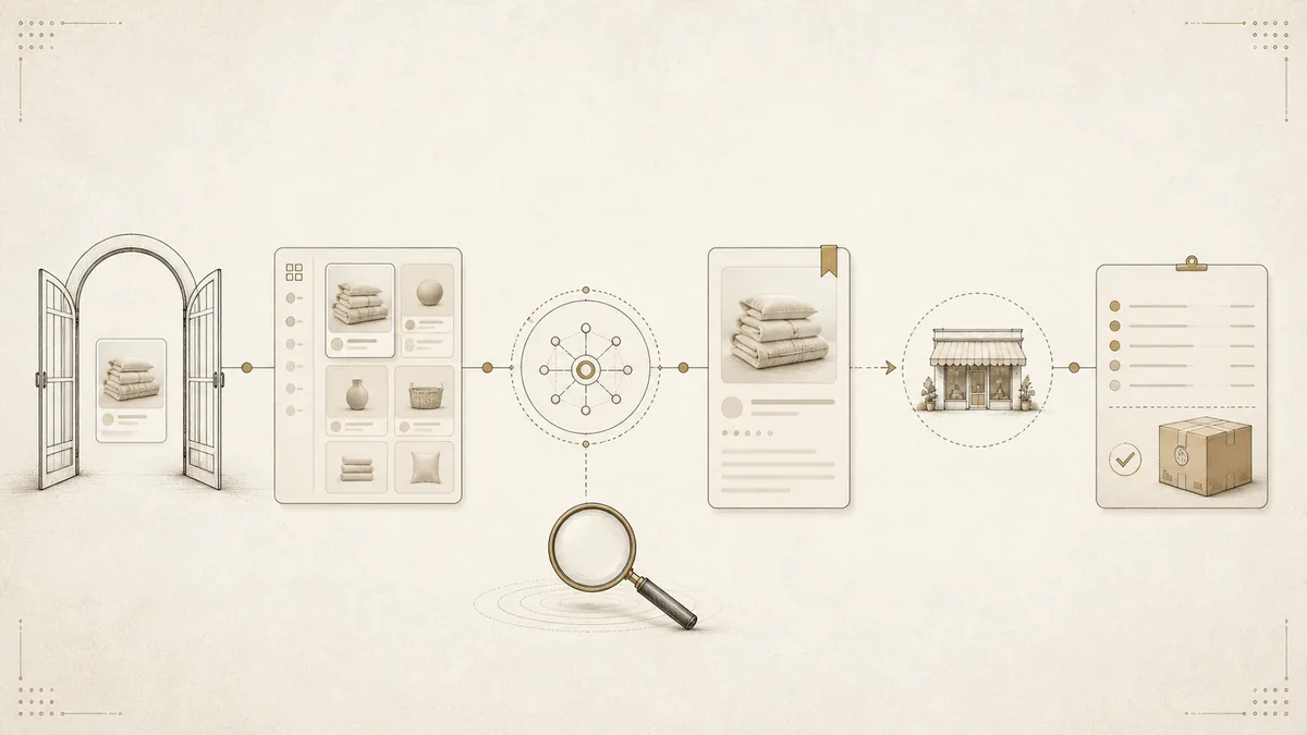 A staged measurement path from AI product access and retrieval to referral and attributed order evidence