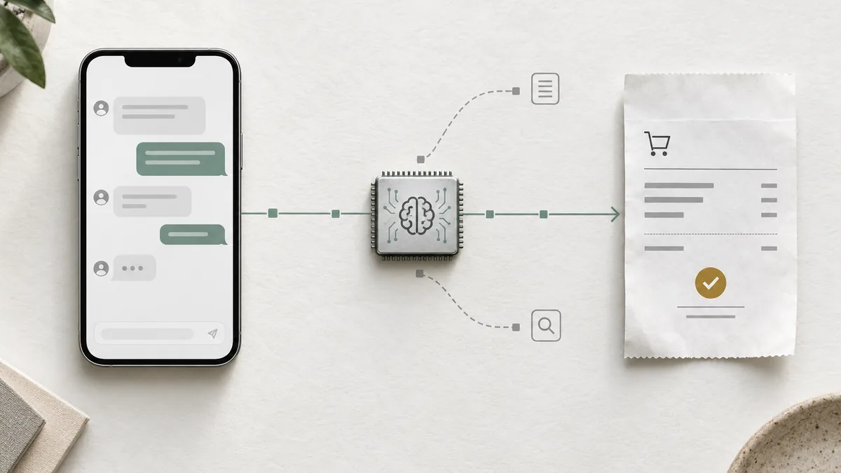 A customer request connected through an AI attribution path to an order receipt
