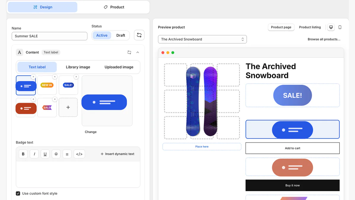 LumenCanvas product label editor showing label controls and a synthetic Shopify product preview