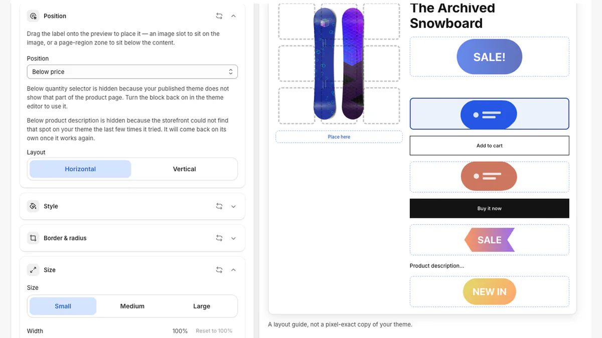 LumenCanvas position controls beside a synthetic product preview with several supported label locations
