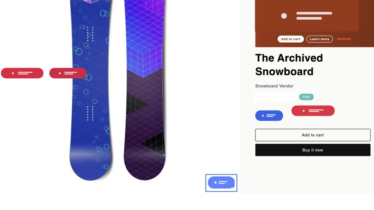 Synthetic demonstration Shopify product page with LumenCanvas labels near the product image and purchase controls
