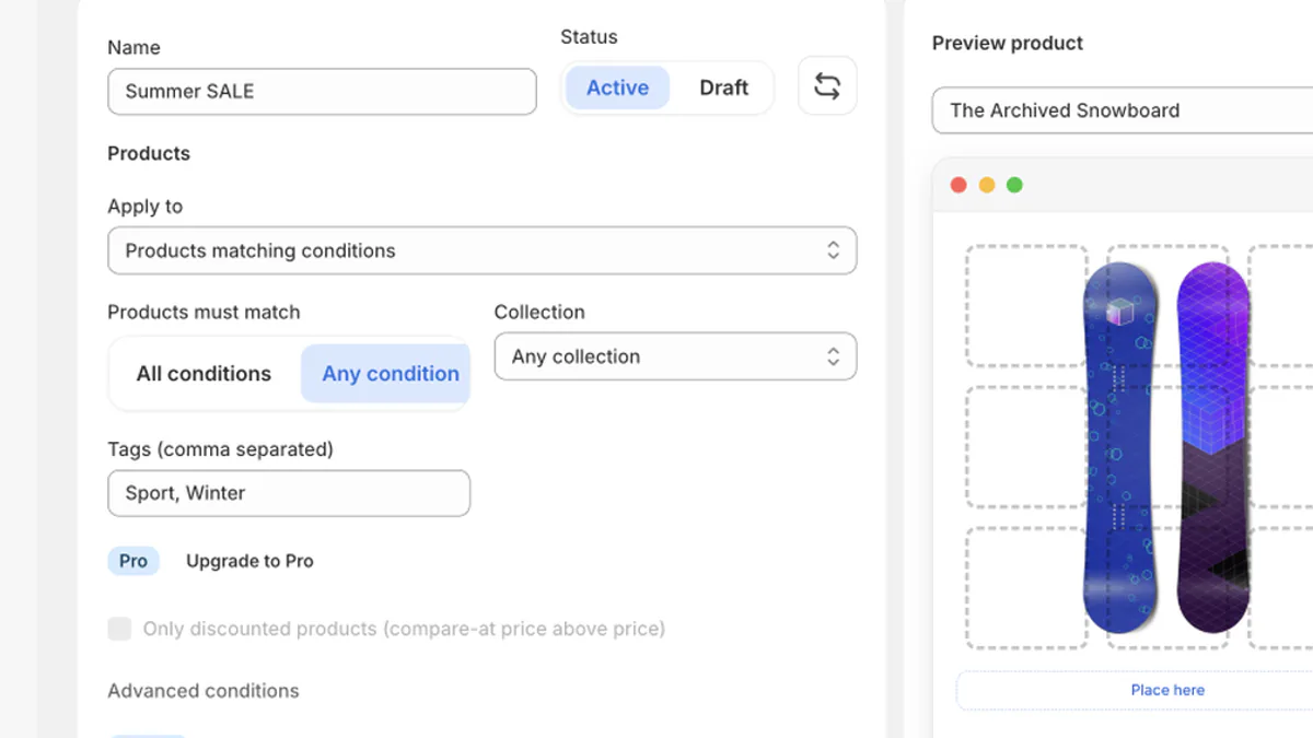 Synthetic LumenCanvas product condition controls with collection, tags, plan gates, and a partial product preview