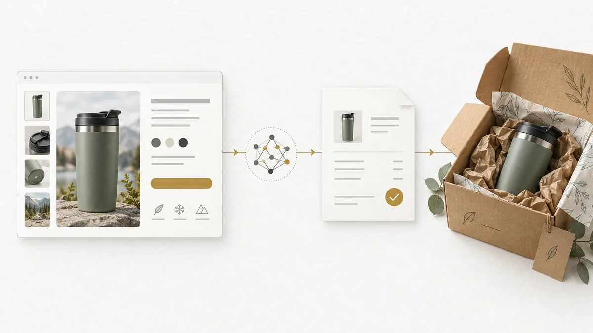 An AI-readable product page connected through a merchant order system to a packed travel mug