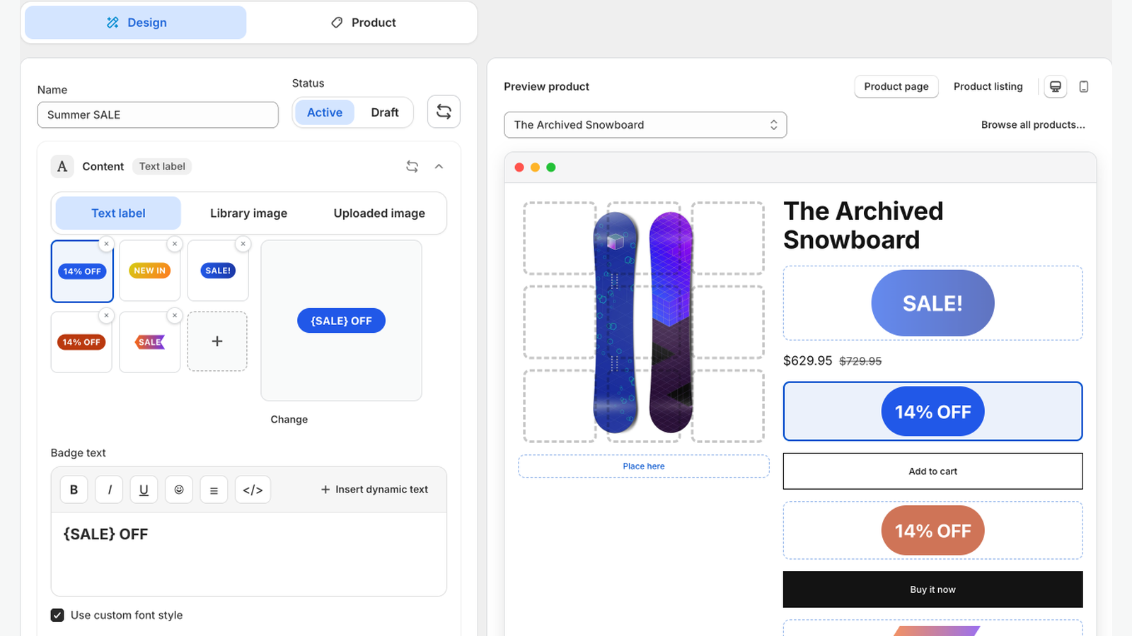 LumenCanvas label editor with badge controls and a live Shopify product preview